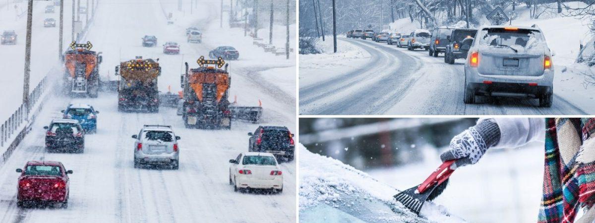 A collage of three pictures put together: two of cars traveling on a highway and one of someone scrapping the ice off their windows. -Photo pulled from NHTSA