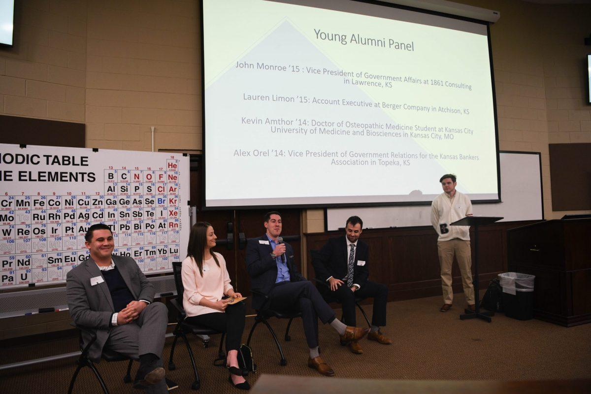 Alumni (from left to right) Alex Orel, Lauren Limon, John Monroe, Kevin Amthor participated in a young alumni panel with Student Alumni Board member Eric Miller moderating.  