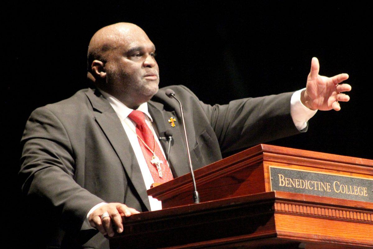 Deacon Burke-Sivers delivers his presentation to Benedictine College on Monday, September 7. Photo by Jordan Bell