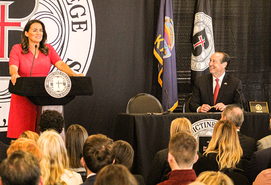 President Katalin Novák (left) giving her speech to the crowd.